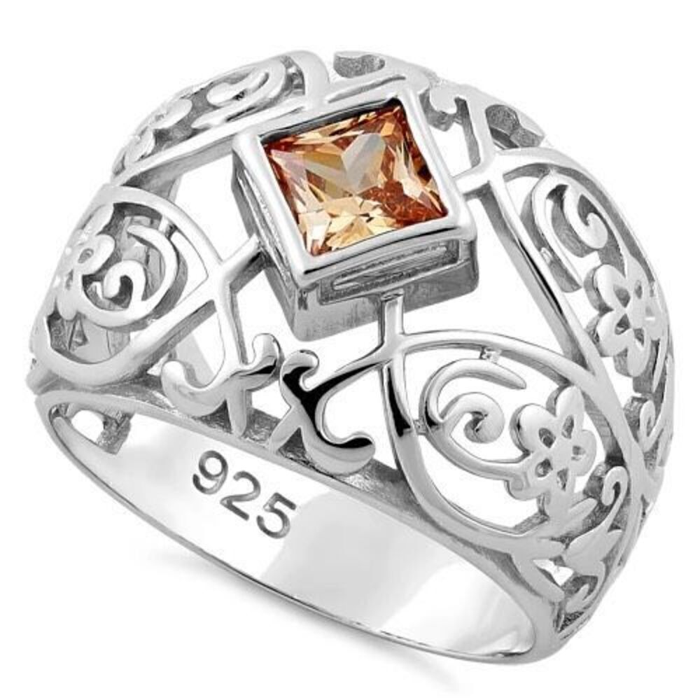 Sterling Silver Fleur-de-lis Flower Champagne CZ Ring New
